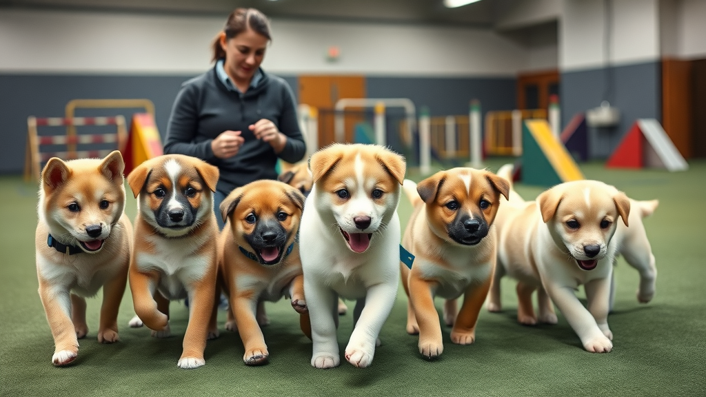 board and train program with professional dog trainer instructing group of puppies at optimal training age