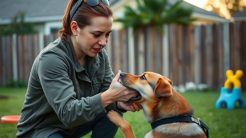 calm dog trainer intervening, confident expression, gently guiding a distressed dog, aggressive dog, backyard, de-escalation, sudden aggression
