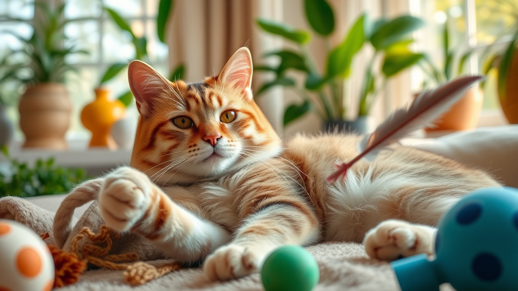 content indoor cat relaxed and playful among interactive toys in bright cozy living room with cat-safe plants