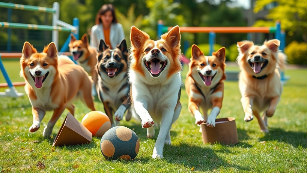 group of dogs playing with enrichment puzzles to reduce dog lick behavior