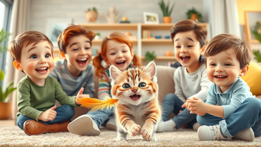 happy family with children laughing and a playful kitten chasing a feather toy, lively cat decor