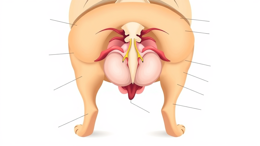 Educational dog rear end anatomy diagram showing anal sacs and glands.