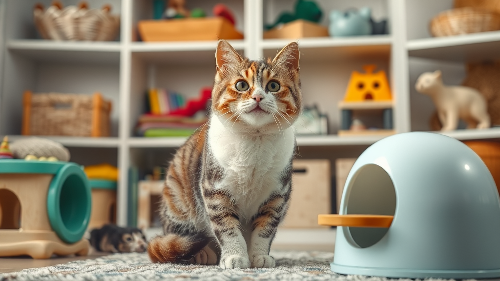indoor cat inspecting safe colorful cat toys and puzzle feeder, safe enrichment, do cats get bored indoors?