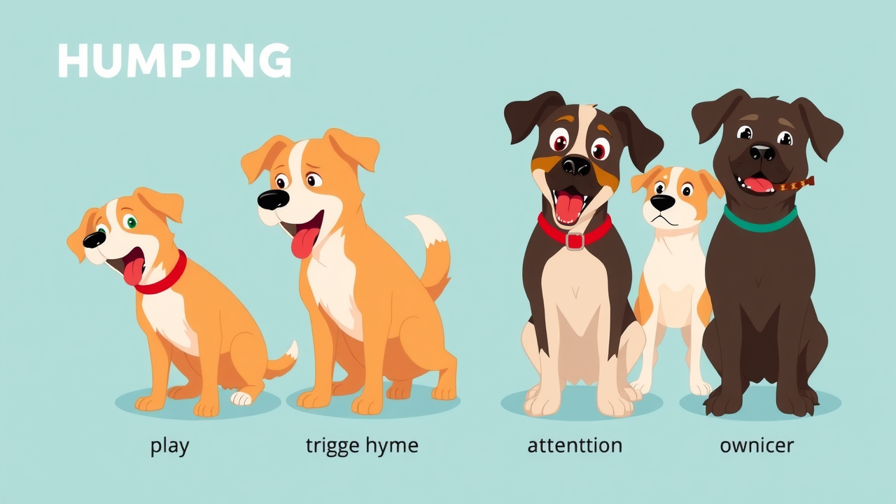 Animated infographic of dogs displaying dog humping triggers - reasons why dogs hump