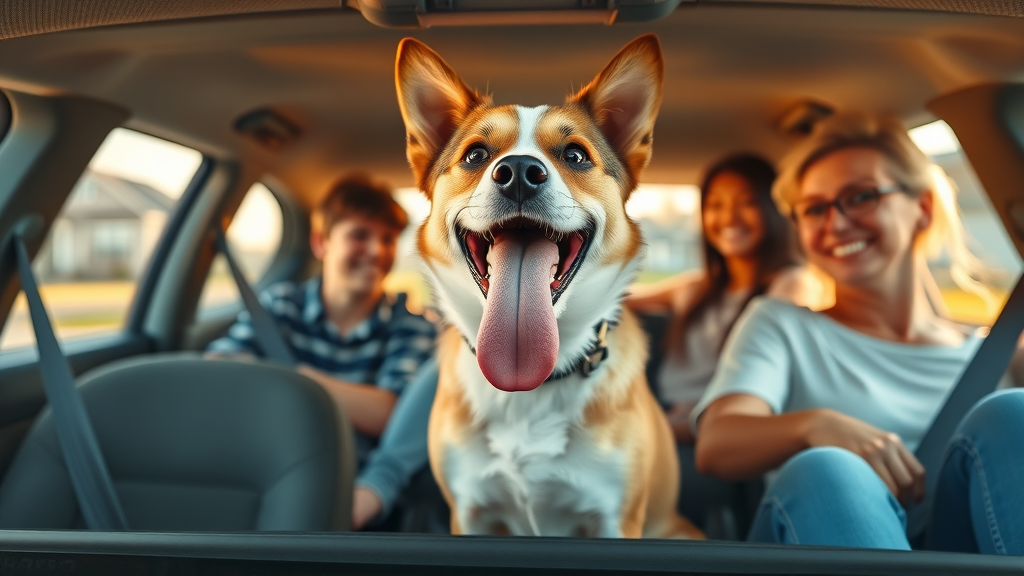 Happy rescue dog sitting in car with family on the way home, day we rescued our dog, coming home celebration