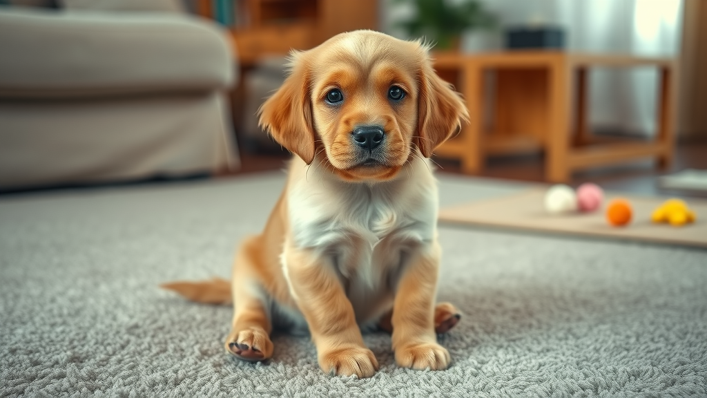 anxious golden retriever puppy learning how do I potty train a puppy with puppy pad and toys in cozy living room