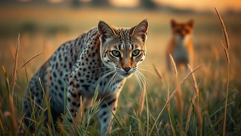 Majestic wildcat crouching in tall grass, instinctual behavior, cats eat grass