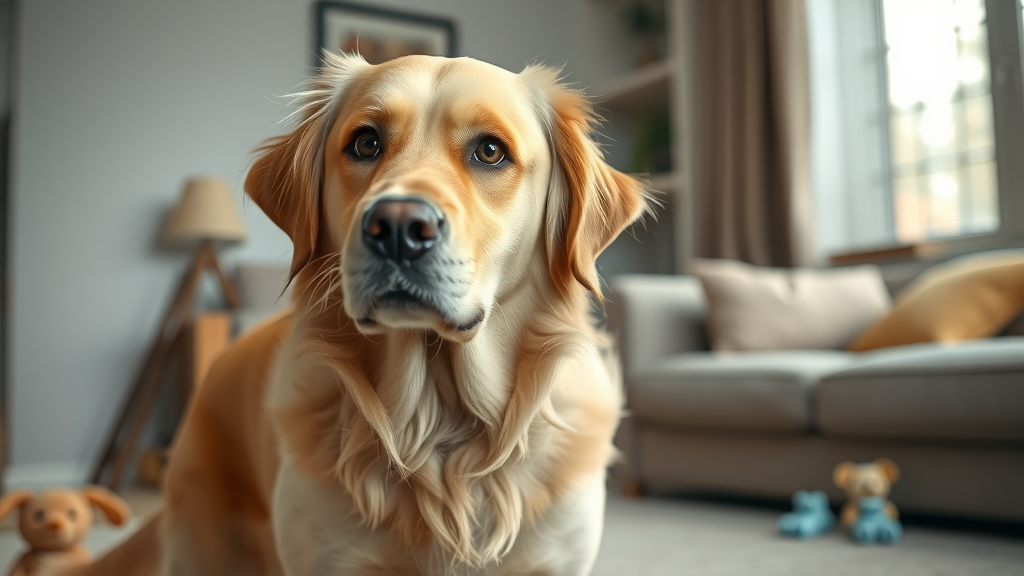 startled golden retriever suddenly aggressive in living room, wide alert eyes, tense posture, why is my dog suddenly aggressive?