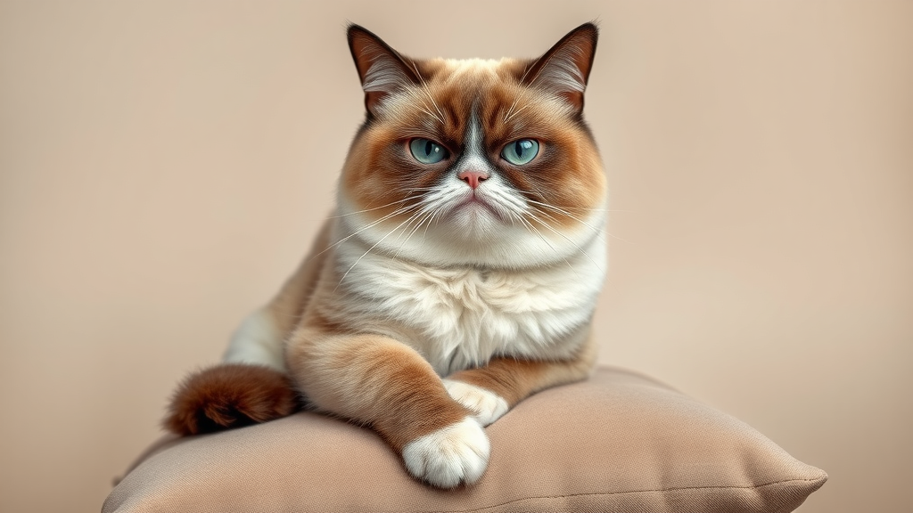 iconic internet cat Grumpy Cat sitting regally on a plush pillow