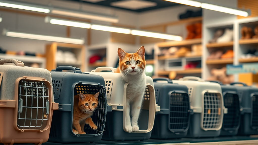 sleek lineup of various cat carriers including soft cat carriers, hard plastic cat carriers, backpack styles, arranged side by side in a stylish pet store, showing textures and hardware