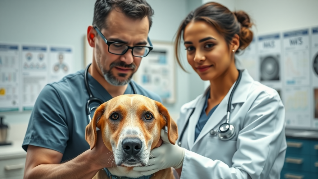 professional veterinarian performing physical exam on calm adult dog, clinic background, physical exam, wellness exams, how often should i take my dog to the vet?