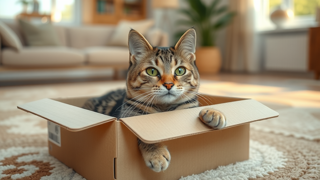 Content domestic cat lounging cozily inside a cardboard box, why do cats love boxes