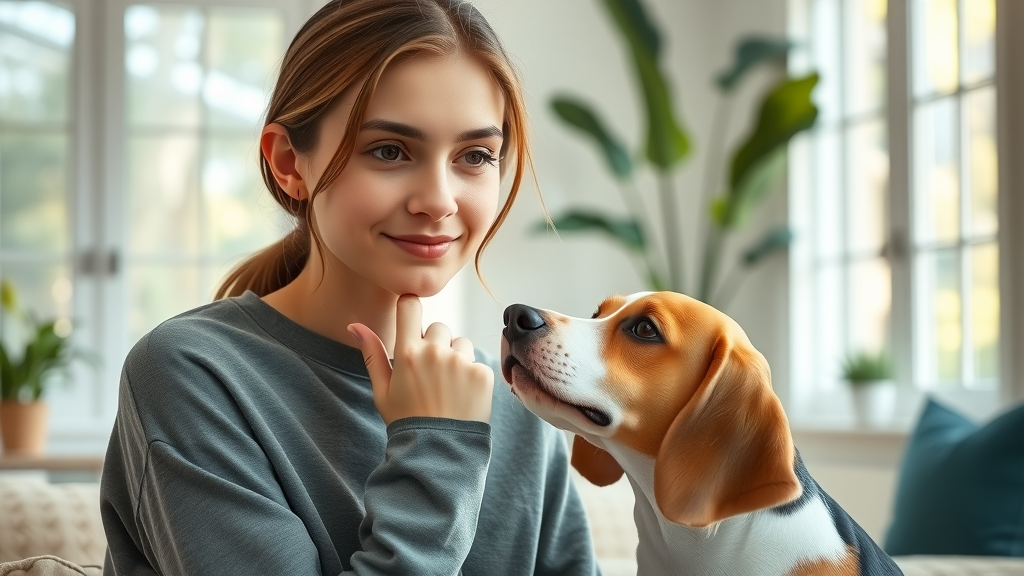 thoughtful young woman turning face away from beagle trying to lick her