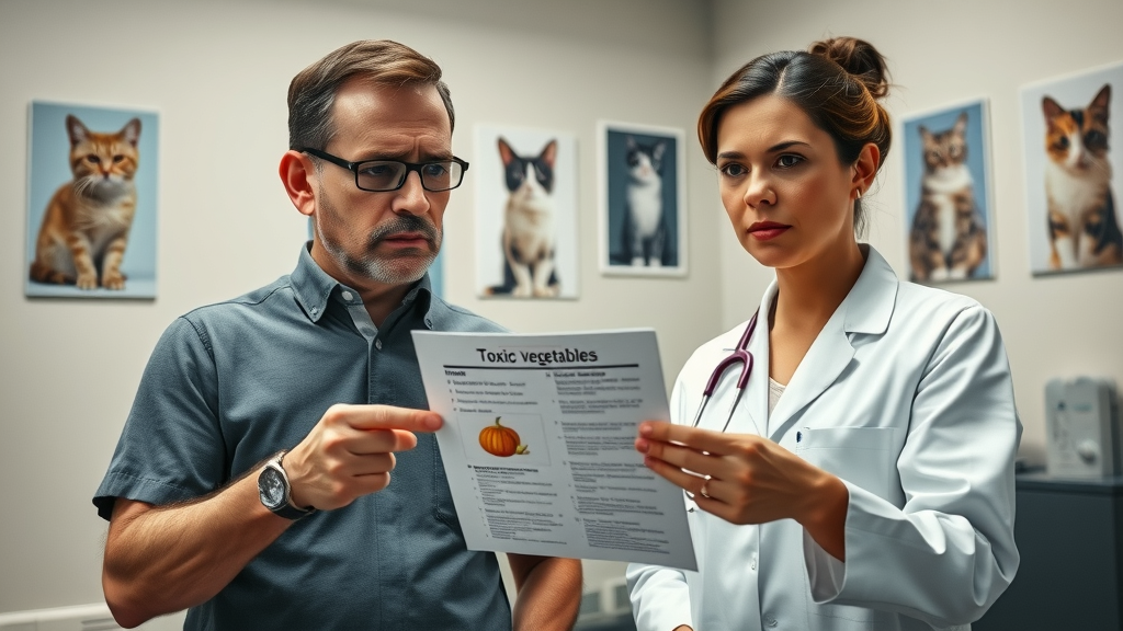concerned owner and veterinarian discussing list of toxic vegetables like onion and garlic for cats in a modern vet office