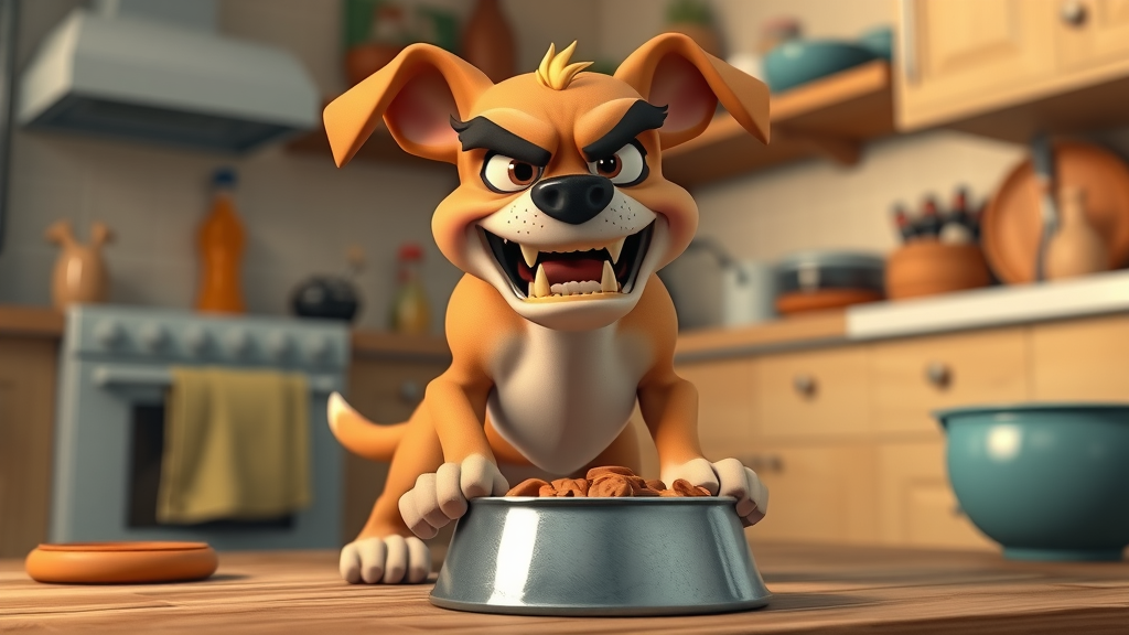 defensive dog, wary expression, standing over food bowl, growling, resource guarding, kitchen setting, aggressive behavior