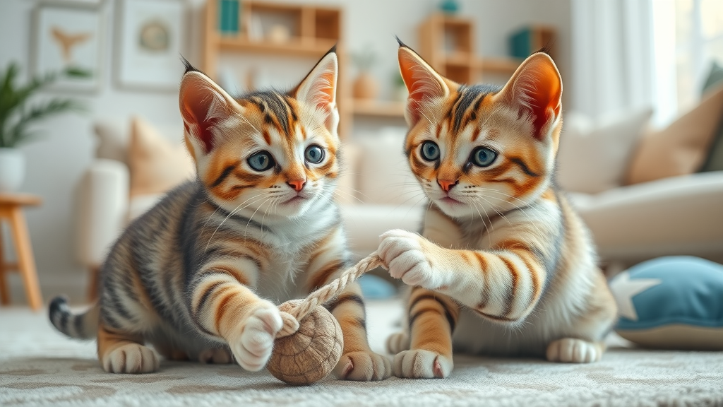 how much attention do cats really need? playful kitten and adult cat interactive toy play