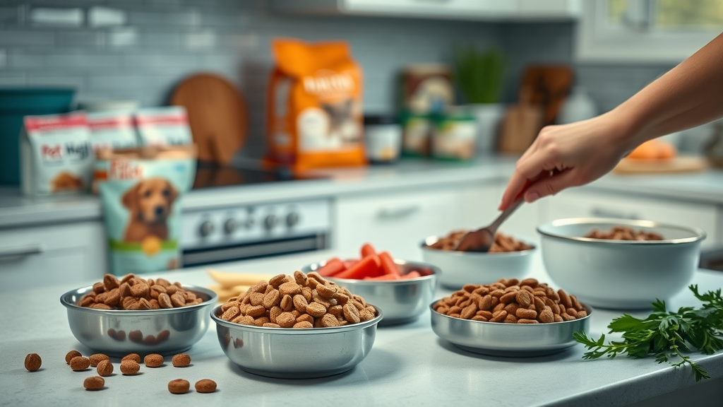 dog food allergy, clean countertop with several dog food bowls, allergy labels, ingredients, dog vomiting causes