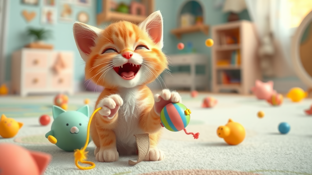 playful ginger kitten pawing at interactive toy, scratching post, stop biting cat from biting