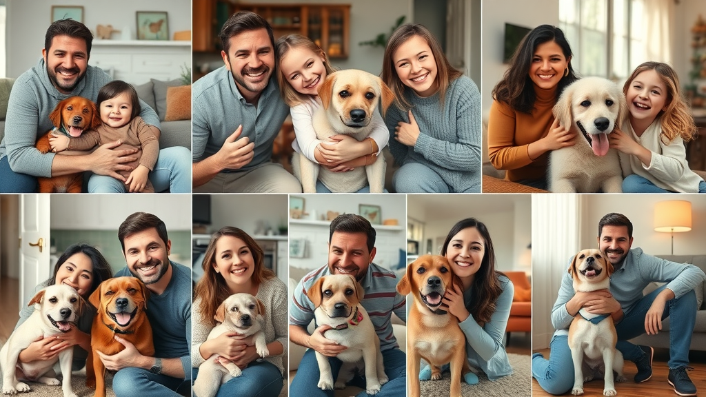 Joyful families posing with their adopted rescue dogs, celebrating new beginnings and community, day we rescued our dog