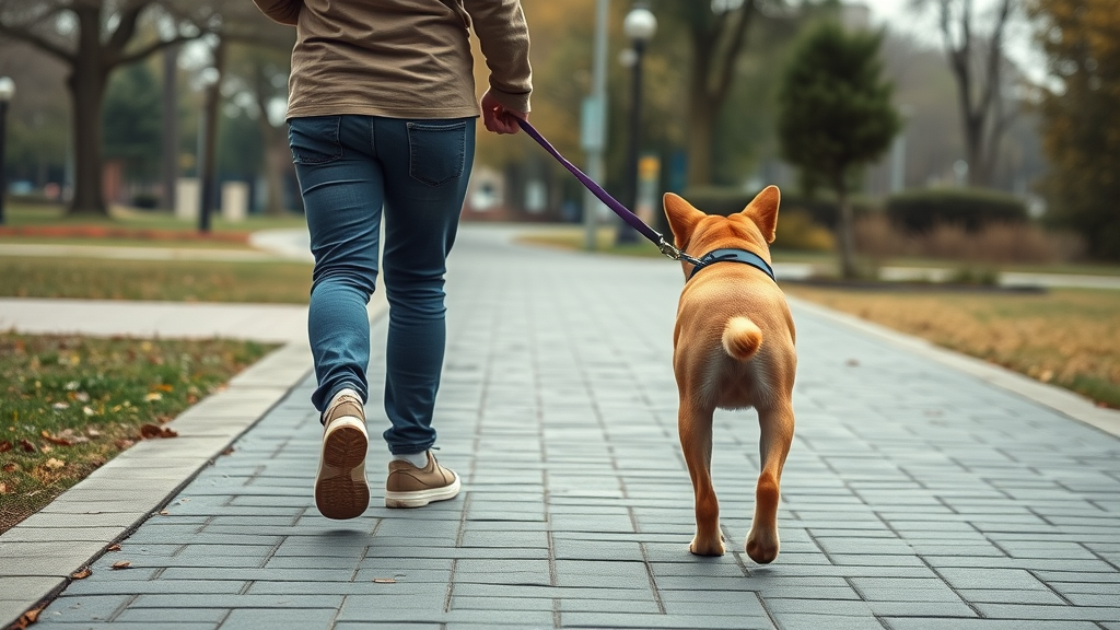 owner stops walking as dog pulls on leash, showing leash tension, calm redirection