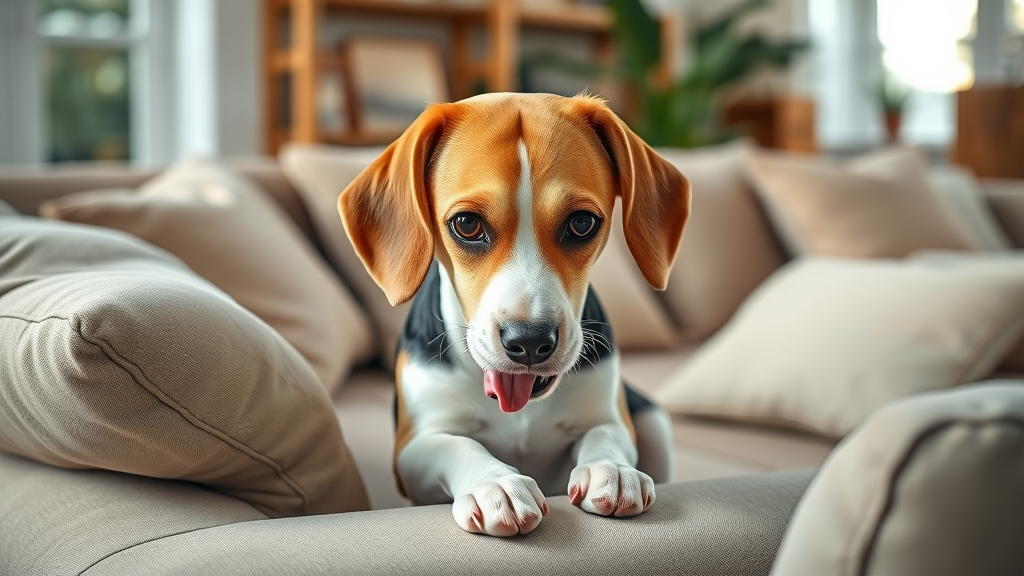 curious beagle licking sofa dog licking furniture