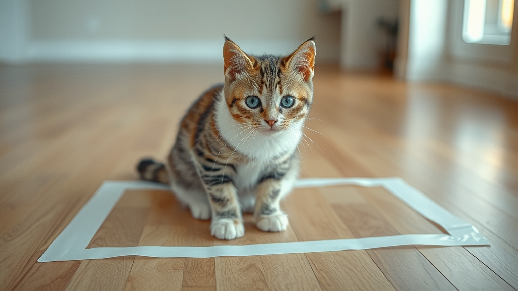 Curious cat sitting inside tape-outlined square, cats obsessed with squares