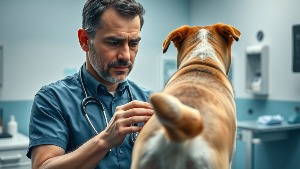 Veterinarian examining a dog’s rear for anal gland and parasite health, expert diagnostic care.