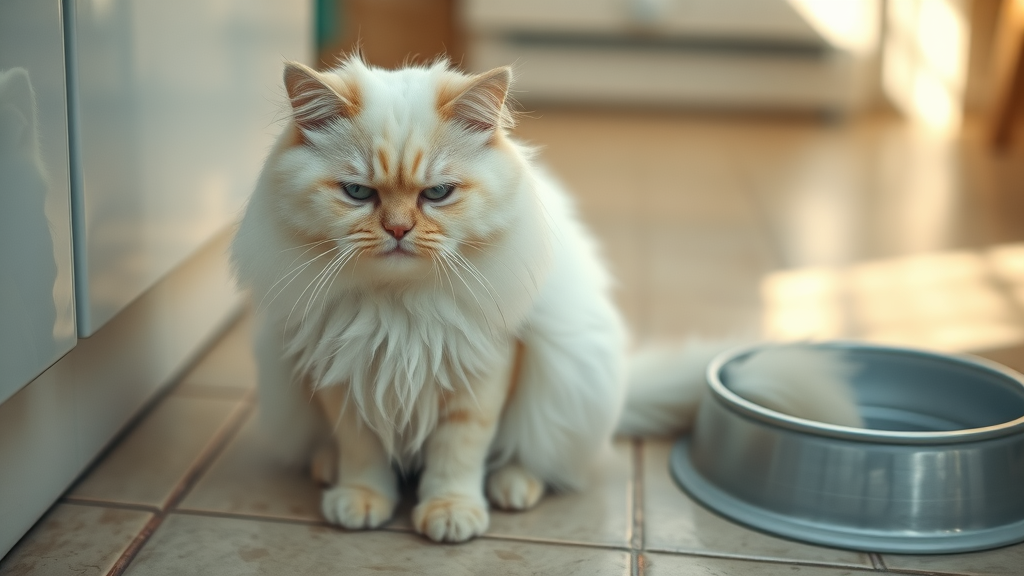 fluffy sick white cat, what are signs of illness in cats, unkempt coat, sitting by water bowl