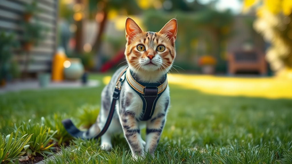 Curious domestic shorthair cat wearing a harness and leash standing confidently on a grassy garden path, leash training your cat.