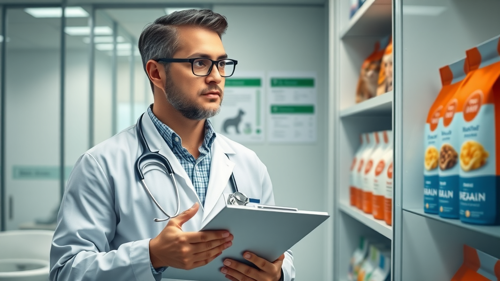 Confident veterinarian holding clipboard in cat food aisle explaining grain-free vs traditional cat food options, with nutrition charts in the background