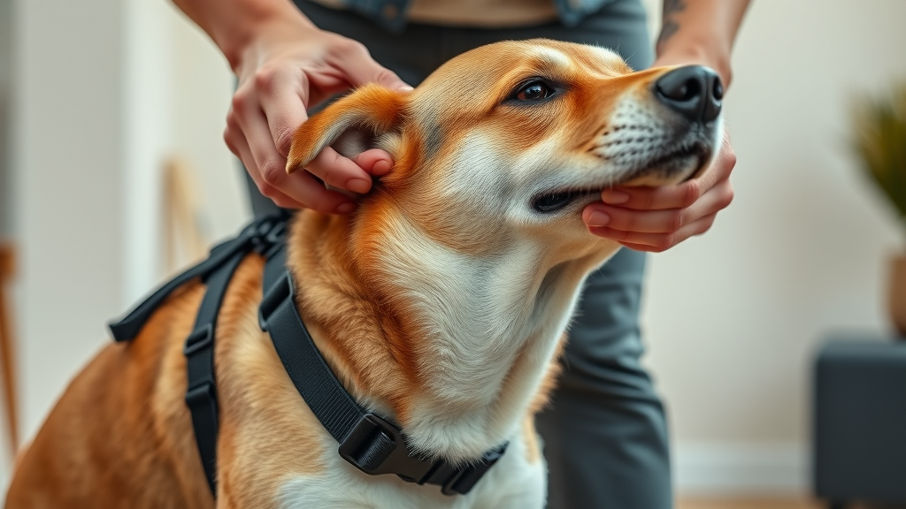 hands fitting no-pull harness onto calm dog, leash walk training, best leash training tools