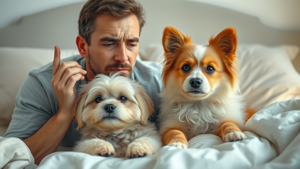 Allergic individual experiencing discomfort next to a fluffy dog on a bed. Main keyword: allowing your dog