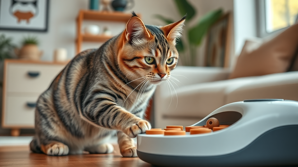 tabby cat playing with a puzzle feeder in modern living room, mental stimulation for indoor cat, do cats get bored indoors?