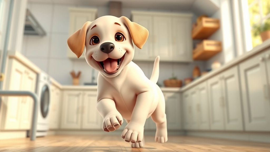 playful Labrador puppy in bright kitchen, morning routine for your dog