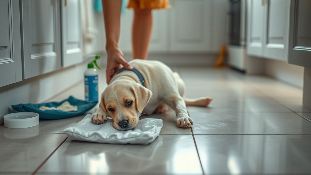 dedicated dog owner cleaning puppy accident on kitchen floor during potty training