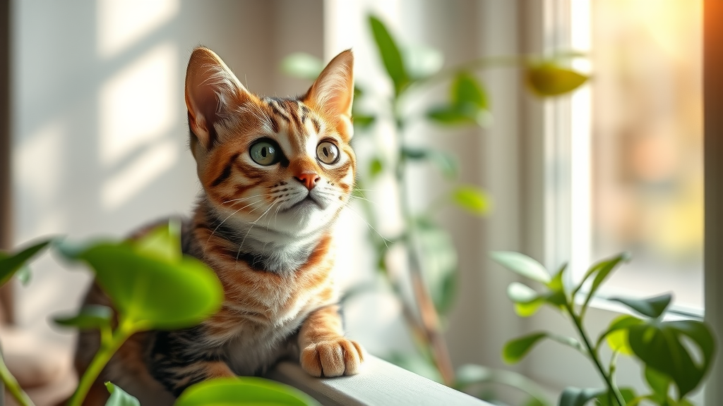 inquisitive domestic short-haired cat attention do cats, perched on a cozy windowsill, gazing curiously outside, sunlit living room, lush green plants