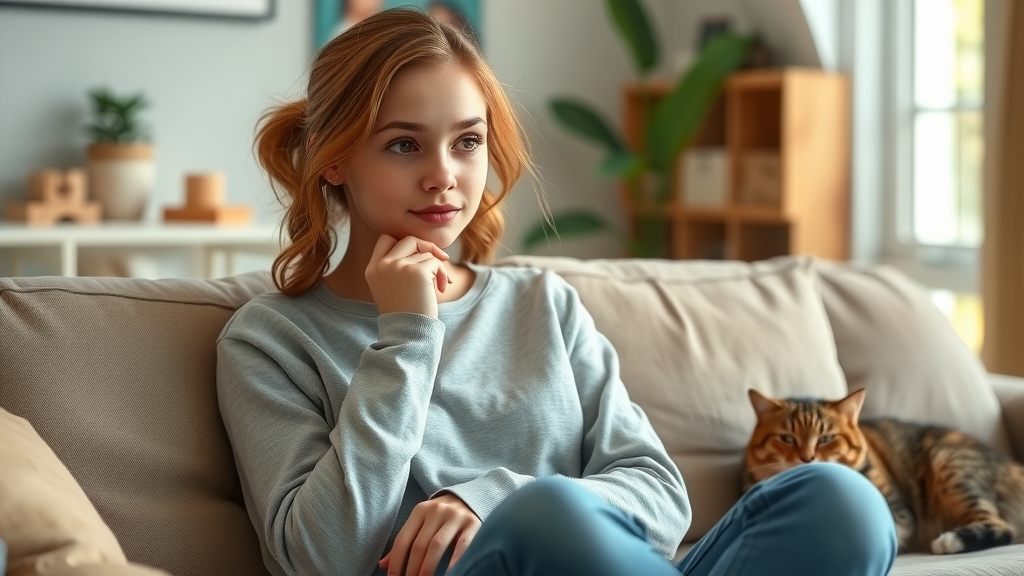 woman thinking about adopting a second cat in a cozy home with a cat nearby
