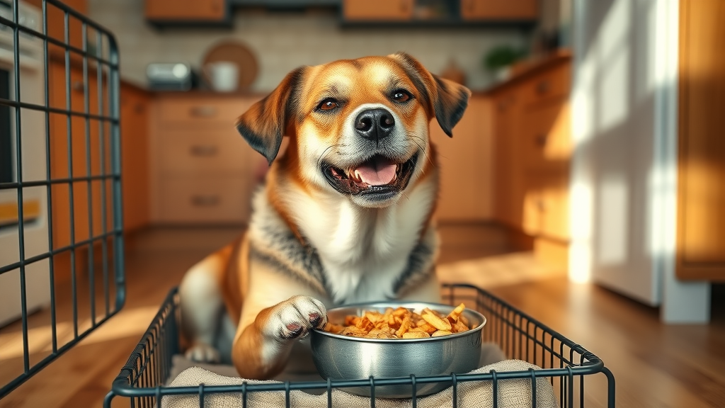 crate training, dog eating regular meals in crate, positive association, content adult dog