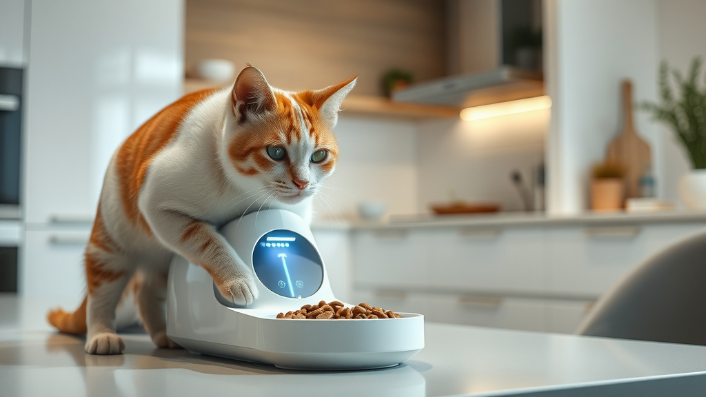 automated cat feeder attention do cats, curious cat investigating, sleek modern kitchen, smart home accents