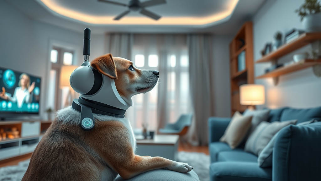 Modern pet camera in use while dog owners are away, helping provide peace of mind for keeping your dog entertained and safe.