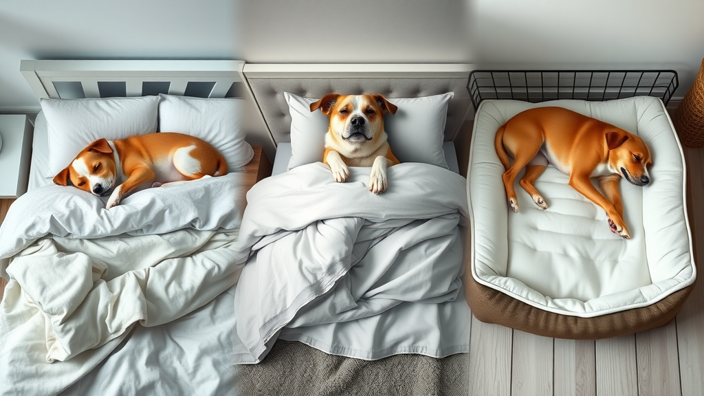 Side-by-side visual comparison of a dog sleeping on a human bed, in a crate, and on a dog bed on the floor. Main keyword: dog sleep