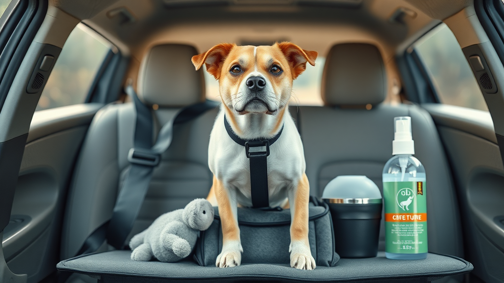 collection of top-rated dog car travel accessories (seatbelt harness, booster seat, comfort toy, calming spray) displayed on car backseat