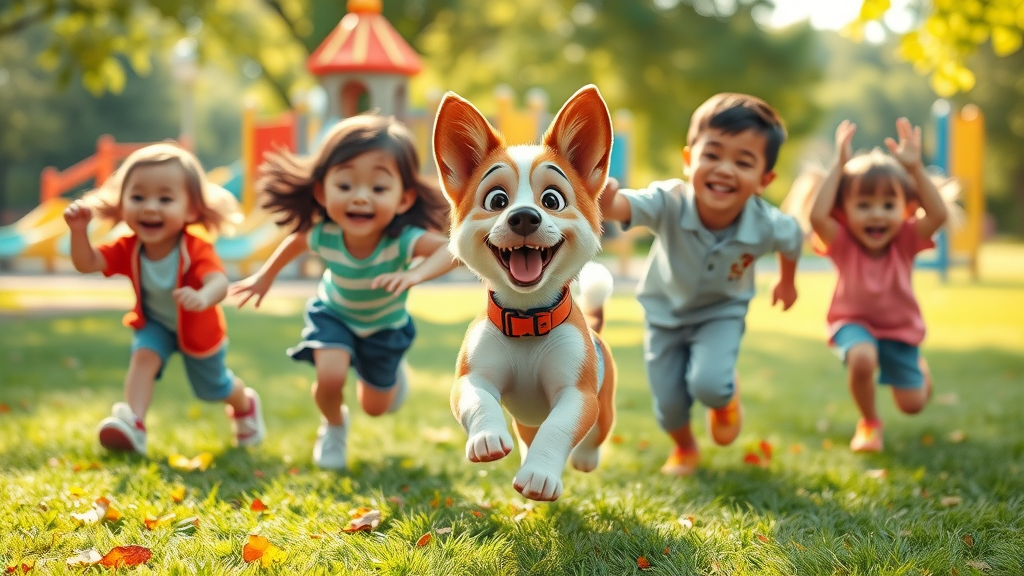 Playful rescue dog running with children in the park after being adopted, day we rescued our dog