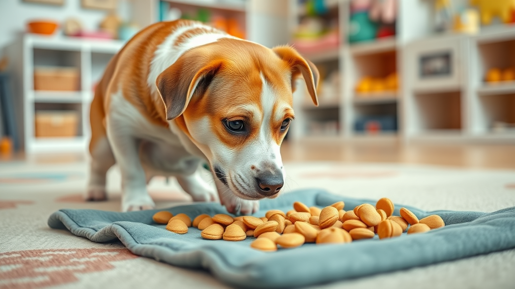 Content dog using a snuffle mat for enrichment, a key tool for keeping a dog busy and stress-free during the day.