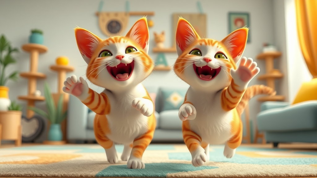 two playful cats chasing each other in a cheerful living room