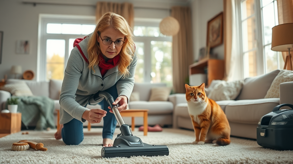 pet owner cleaning for flea control, remove fleas from home, rid of fleas, cat watching from sofa