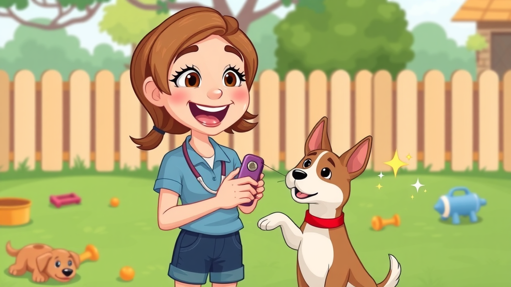 enthusiastic dog trainer using clicker and treat for recall in a backyard