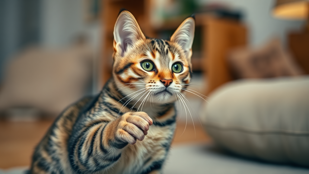 playful tabby cat training with hand and treats, cat recall basics in cozy indoor setting