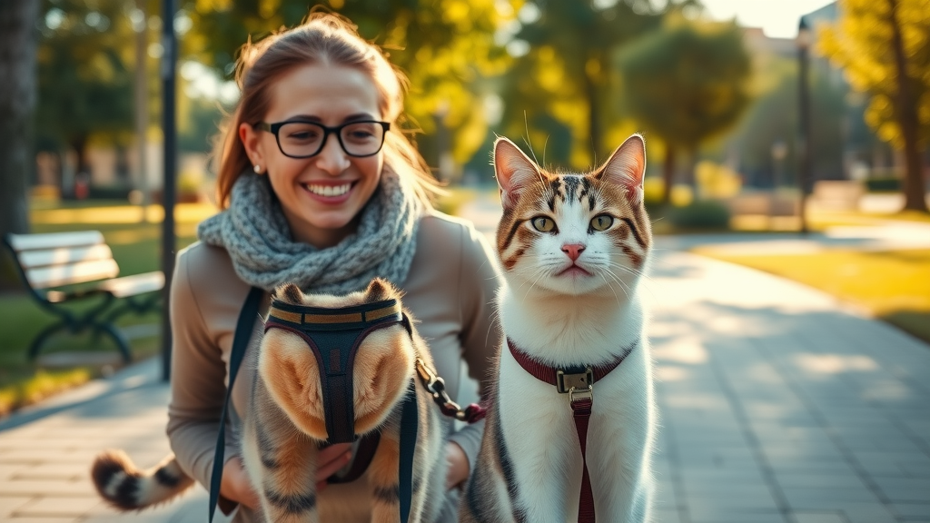 leash train a cat, relaxed cat and smiling owner walking in park