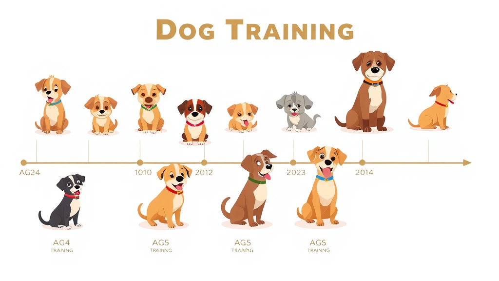 timeline for dog training ages, cartoon puppies learning at different stages, visual guide to what’s the best age to start dog training